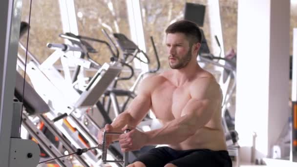 Sporttraining, attraktiver Athlet mit nacktem Oberkörper beim Muskelaufbautraining im Zugsimulator, während er im Fitnessstudio an seinem Körper arbeitet
