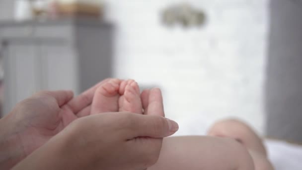 Macierzyństwo, ramiona rodzica trzymają maleńkie stopy nowonarodzonej dziewczynki — Wideo stockowe