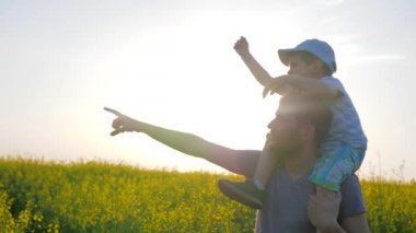 Mutlu bir çocukluk, güneşli bir havada baba ve oğulun saha yürüyüşü, babasıyla küçük bir çocuk tarla ve ufukta geziyor.,