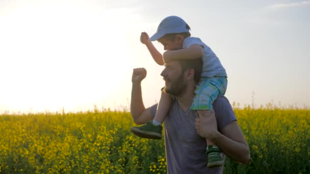 Vacances en famille sur fond de fleurs et de ciel bleu, les hommes avec garçon sur le cou jouant dans les fleurs de prairie , — Video