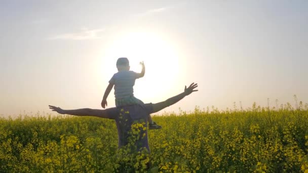 Familia va en flores del prado en la luz del sol, los hombres con el niño en el cuello que se mueve a través de la flor, papá y los niños van por campo — Vídeos de Stock