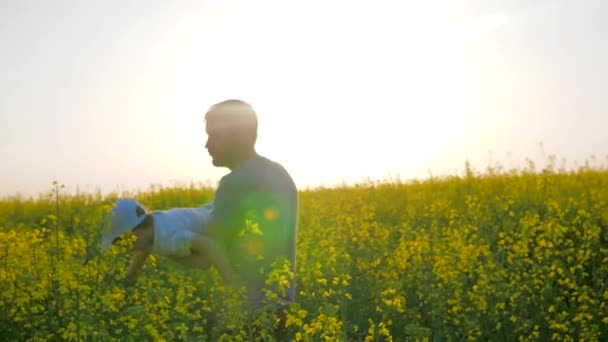 Relacionamentos de pais e filhos brincando no campo, menino às mãos pai em forma de avião em flor, papai com filho — Vídeo de Stock