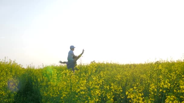 Niño se sienta sobre los hombros padre en el prado en la hierba, papá feliz con niño en retroiluminación jugando avión en el campo de fondo — Vídeos de Stock