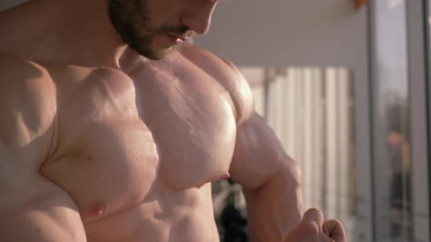 Bodybuilder muskulöser Körper, Sportler betrachtet das Ergebnis des Krafttrainings beim Muskelaufbau im Fitnessclub bei natürlichem Licht — Stockvideo