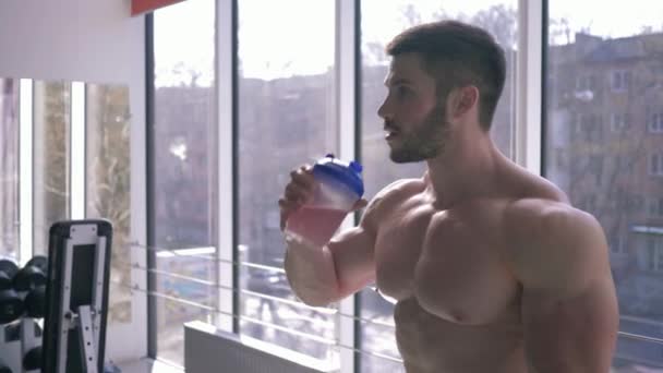 筋肉魅力的なボディビルダー男はスポーツジムでの強度トレーニングの横にタンパク質シェイクドリンクを飲んでいます — ストック動画