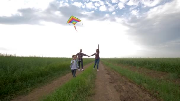 Familj helg, ung mor och far med son njuta av promenad med flygande drake under helgen på landsbygden på bakgrunden av himlen — Stockvideo