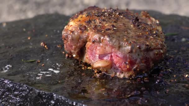 Апетитне м'ясо на вогні, соковитий жирний яловичий стейк у спеціях, що готується на гарячому камені під багаттям з димом на пікніку на відкритому повітрі — стокове відео