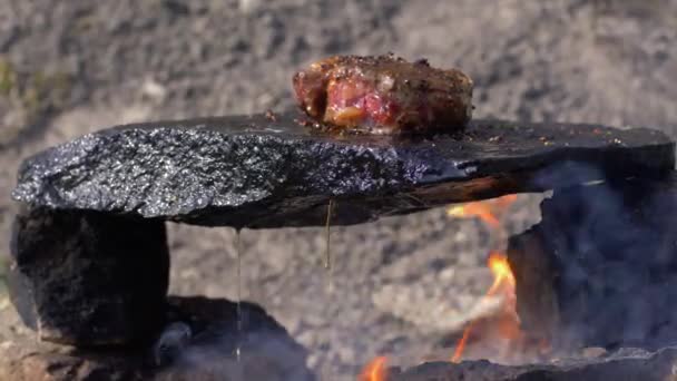 Organic meat eating, juicy steak in flavoring roasted on hot stone and dripping melted fat with oil at fire with smoke in outdoor cuisine on open air — ストック動画