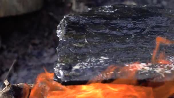 Fogueira de piquenique, óleo de ebulição gordurosa flui e goteja em pedra quente na fogueira brilhante enquanto se prepara no acampamento — Vídeo de Stock