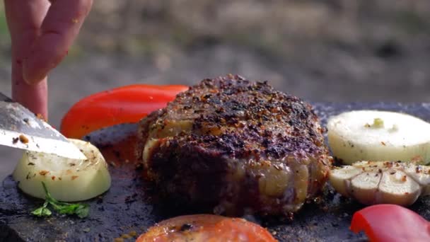Picknick, smakelijke sappige biefstuk gebakken op vreugdevuur op hete steen met kruiden en groenten in rook close-up op camping — Stockvideo