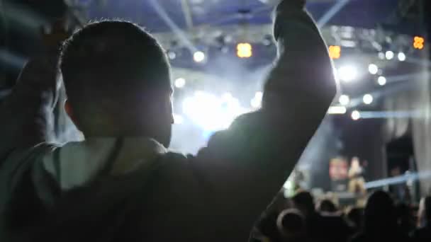 I fan con le braccia alzate godono di musica dal vivo durante l'evento notturno illuminato da proiettori — Video Stock
