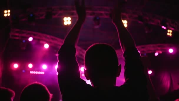 Silhouette der Fans klatschen mit erhobenen Armen auf dem nächtlichen Festival der Live-Musik in hell erleuchteten — Stockvideo