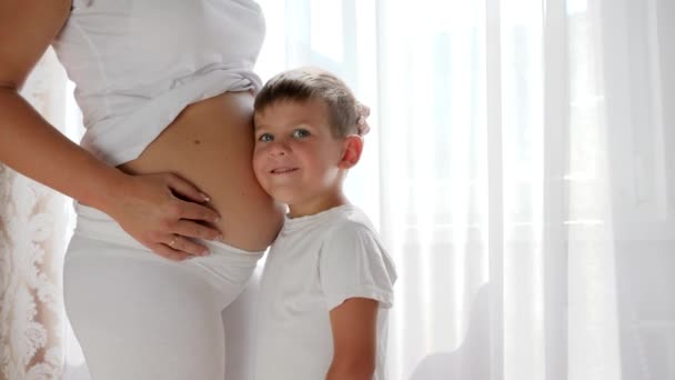 Маленький допитливий син слухає вагітних матерів великий живіт в приміщенні — стокове відео