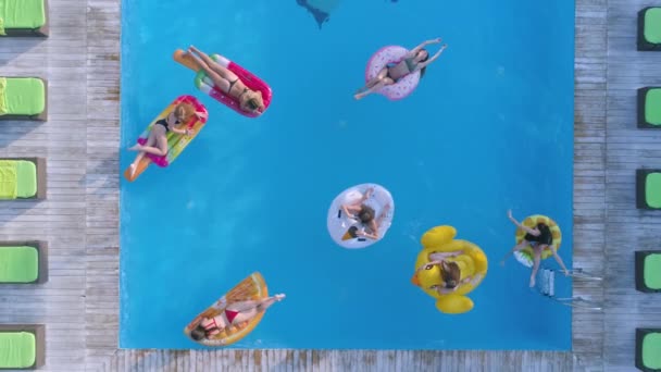 夏休み水着姿の美しい彼女たちがリゾートのプールの近くでリラックスしながらスマホで自撮り写真を撮る — ストック動画