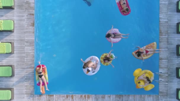 Dronebilde på selskap av glade kvinnelige venner i badedrakt svømme på oppblåsbare ringer og madrass på biljard i dyre ferier – stockvideo