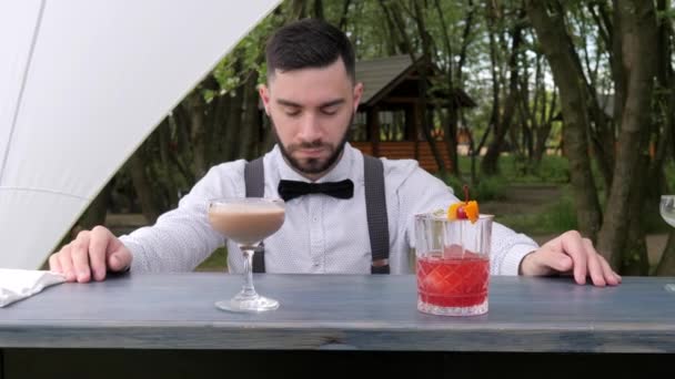 Barman retrato atrás da barra, barmen submetem o álcool, barkeeper close-up, bebidas refrigeradas coloridas no balcão do bar, decorado belamente — Vídeo de Stock