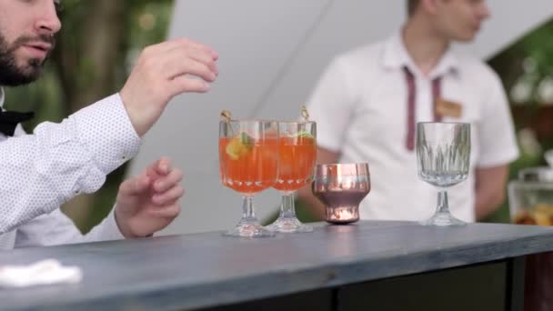Бармен робить клієнтські грантові напої, бармен прикрашає коктейль, бармен робить кольоровий коктейль, тапстер за бар — стокове відео
