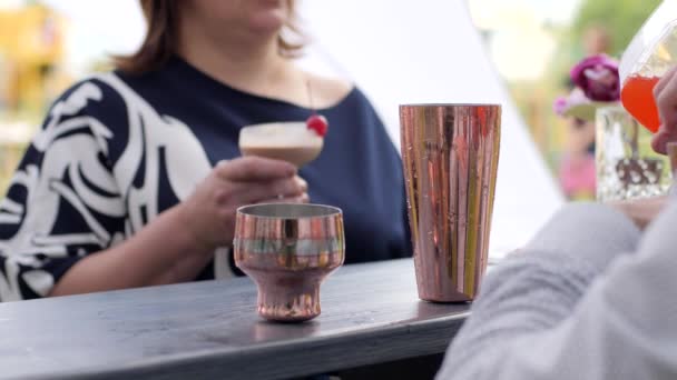 Camarero usando jigger vierte ingrediente en la coctelera, barman hace cóctel de color en vidrio, camarero detrás de la barra — Vídeos de Stock