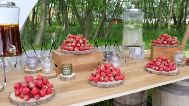 Festligt träbord med jordgubbar, kanna sedan kallt te och citron, alkoholfri mojito, på bakgrunden natur — Stockvideo