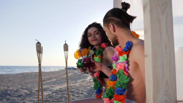 Amigos felizes bebem coquetel na costa do oceano, belo casal do Havaí lei no pescoço para as ilhas havaianas , — Vídeo de Stock