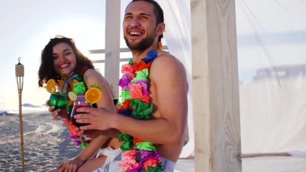 Rindo casal do Havaí lei no pescoço nas Ilhas Tropicais, cara e menina para férias exóticas , — Vídeo de Stock