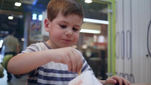 男孩吃薯条和汉堡包，男孩吃汉堡包，男孩在快餐店吃沙司薯条 — 图库视频影像