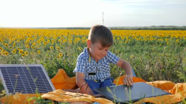 Kind mit Solarakku lädt Laptop auf Sonnenblumenfeld auf, glückliches Kind schaut auf Notebook mit Solarladegerät — Stockvideo