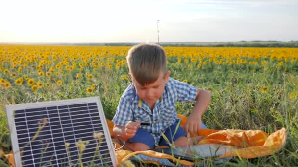 環境に優しく子供は太陽光発電パネルのような手のジェスチャーを背景フィールドに示し少年は太陽エネルギーを使う — ストック動画