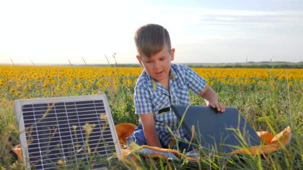 Современные технологии, ребенок показывает символ одобрения вблизи солнечных батарей на заднем плане поля, современный мальчик использует ноутбук — стоковое видео