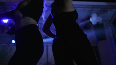 Gece kulübünde ağır çekimde dans eden kadınlar, gece partisinde dans eden seksi kadınlar, iki kızın enerjisini kapatın.