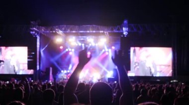 Seyirciler kollarını konser ya da partide sallıyor, gece rock festivali sırasında renkli ışıklarla aydınlatılıyor.
