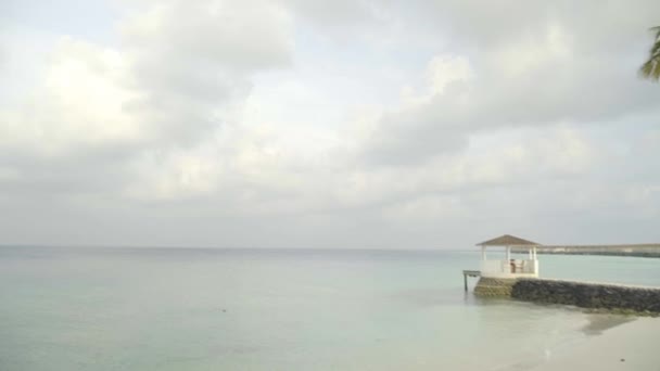 Descanso de verão, vista de bangalô no mar e palmeiras altas contra o céu no resort tropical — Vídeo de Stock