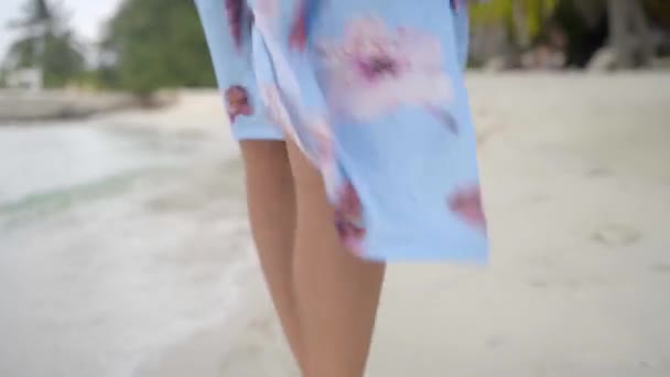 夏のビーチを歩く美しい裸の女性の足は海の海岸の湿った砂に沿って行く — ストック動画