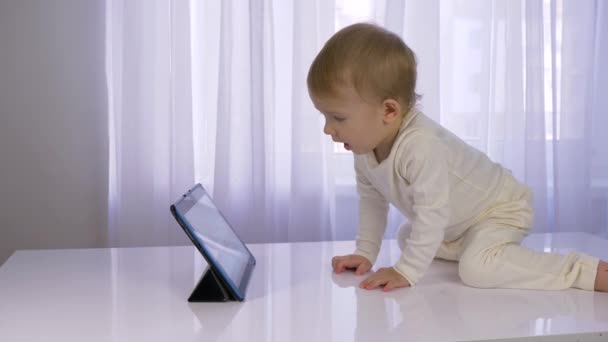 Modern barnutveckling, aktiv spädbarn pojke tittar tecknad film på surfplatta i ljusa rum — Stockvideo