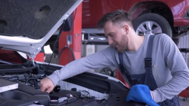 Bil service, attraktiv tekniker kille kontrollerar oljenivån under bil reparation med öppen huva på auto verkstad, leenden — Stockvideo