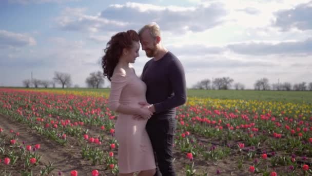 Armonía con la naturaleza, hombre feliz con chica embarazada esperando bebé frotando vientre y disfrutar de vacaciones en floreciente pradera de tulipán contra el cielo — Vídeos de Stock