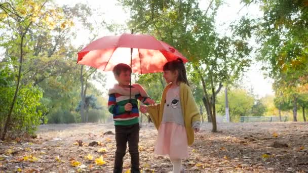 Small girl with boy holding hands walking down the autumn park under red umbrella in slow motion — Stock Video