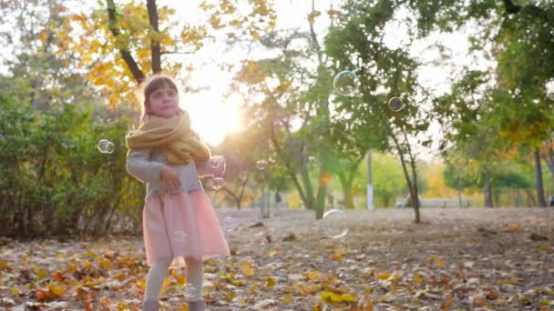 Criança brinca com bolhas de sabão na luz de fundo no parque de outono, infância feliz — Vídeo de Stock