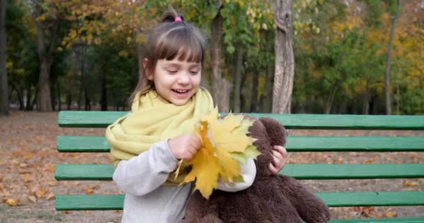 Female child posing with teddy bear and yellow leaves in hands at camera on background autumn park — ストック動画