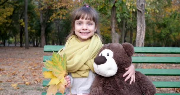 Gadis kecil duduk di bangku dengan boneka beruang dan daun di tangan berpose di latar belakang musim gugur taman — Stok Video