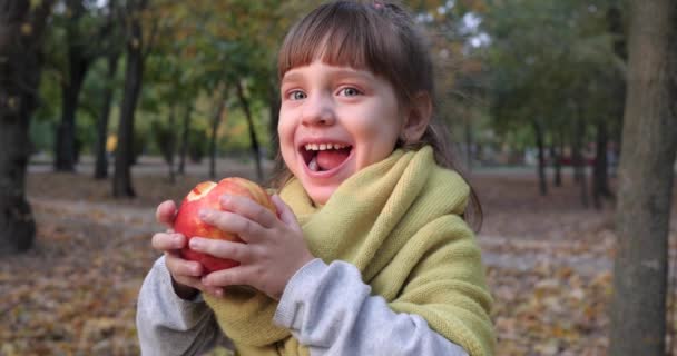 Encantadora niña come manzana sobre fondo de follaje amarillo en otoño en primer plano naturaleza — Vídeo de stock