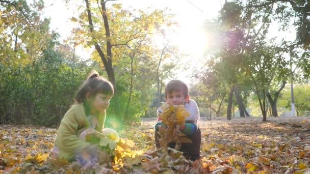 Kids jump and throw yellow leaves on background of trees and foliage at autumn park in sunlight — ストック動画