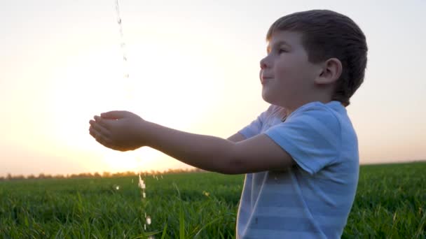 Hygiëne, zuiver water stroomt in handen van een klein persoon in de natuur tegen de roze horizon — Stockvideo