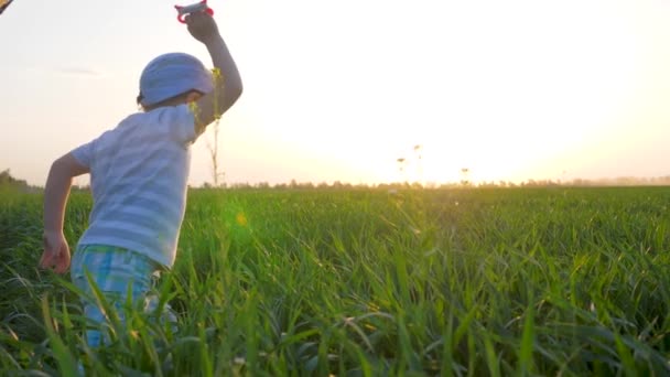 Маленький мальчик с воздушным змеем в руках бежит на поле в солнечном свете на фоне неба — стоковое видео