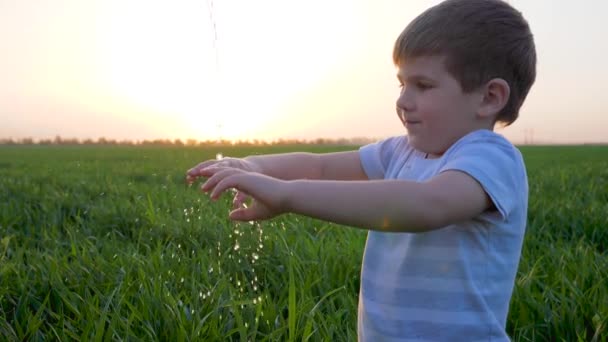 Персональная гигиена счастливого ребенка на открытом воздухе в летний закат и много капель воды — стоковое видео