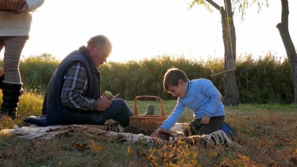 Picnic in famiglia, vecchio con nipoti seduto vicino a cesto su coperta con frutta in mano a svago in primavera — Video Stock