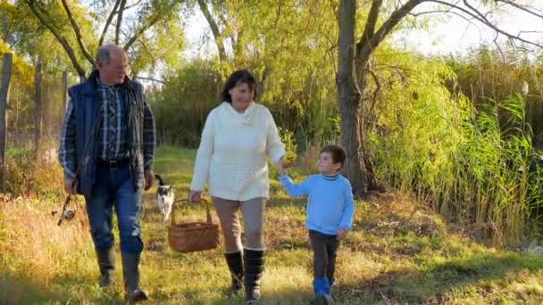 Mormor med korg och morfar med metspö leder sonson tillsammans med djur på promenad i skogen på semester — Stockvideo