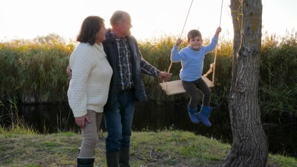 Coniugi nonni con bambino sull'altalena divertirsi sulla natura nel fine settimana — Video Stock