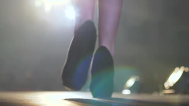 Silhueta de grupo de modelos em sapatos elegantes e malas em mãos em iluminar por holofotes — Vídeo de Stock