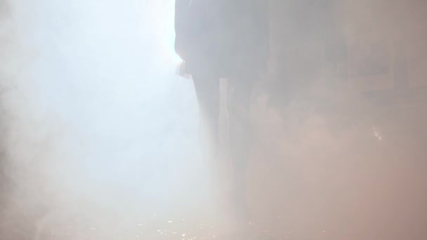 Szczupła stopa dziewczyny w obuwiu wychodzi z gęstej mgły w zwolnionym tempie — Wideo stockowe